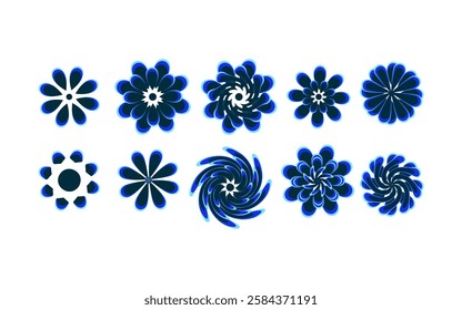 Collection of ten abstract geometric flower shapes in a blue and black color scheme, each featuring a unique petal arrangement and a glowing outline