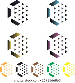 A collection of ten abstract hexagonal icons featuring layered parallelograms and triangle textures.