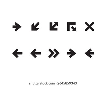 A collection of ten black graphic arrows and symbols arranged in two rows against a plain white background.