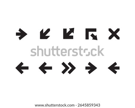 A collection of ten black graphic arrows and symbols arranged in two rows against a plain white background.