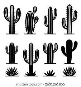 Collection of ten black and white cactus and agave plant silhouettes, perfect for design projects needing a desert or southwestern theme.