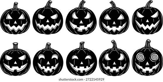 Eine Kollektion von zehn schwarz-weißen Jack-o'-Laternen mit verschiedenen gespenstischen und humorvollen geschnitzten Gesichtern, perfekt für Halloween Dekorationen oder festliche Designs.