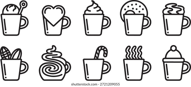 Collection of ten black and white vector icons of hot drinks and desserts in cups coffee