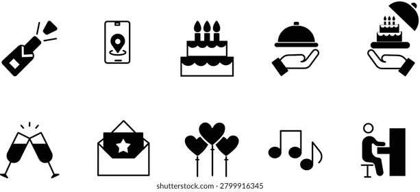 A collection of ten black and white vector icons representing celebration, events, and party themes including cake, champagne, music, and gifts.