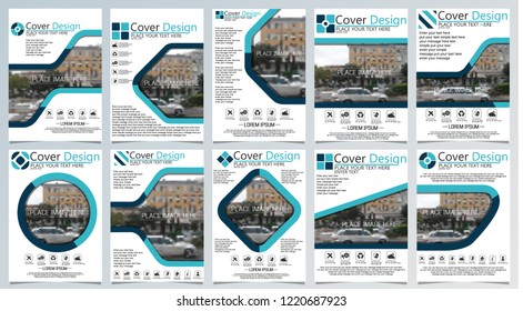 Collection of ten brochure template for annual technology related reposts,vector design a4 layout with space for text and photos blue