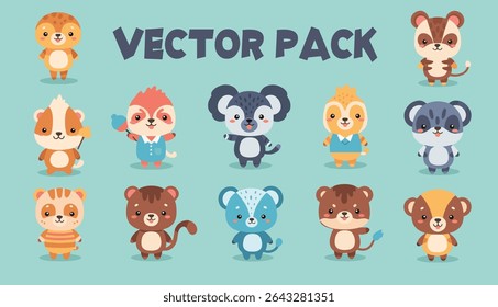 A collection of ten cartoon animal characters, each with unique designs, colors, and features, standing upright in a stylized, playful manner.