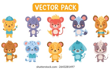 A collection of ten cartoon animal characters, each with unique colors, outfits, and features, standing upright.