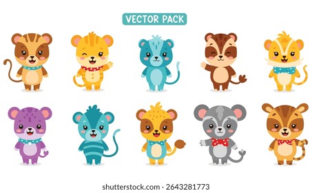 A collection of ten cartoon animals in different colors and patterns, each with unique accessories like collars and bowties, all smiling and standing upright.
