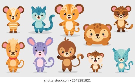 A collection of ten cartoon animals, each with unique colors, patterns, and features, creating a playful and cheerful composition.