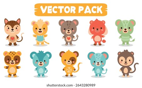 A collection of ten cartoon animals in a vector pack, each with unique colors and designs, standing upright with friendly expressions.