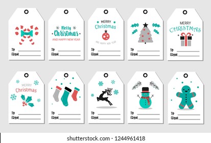 Collection of ten Christmas and New Year cute ready-to-use gift tags. Set of 10 printable hand drawn holiday label in black white and gold. Vector seasonal badge design
