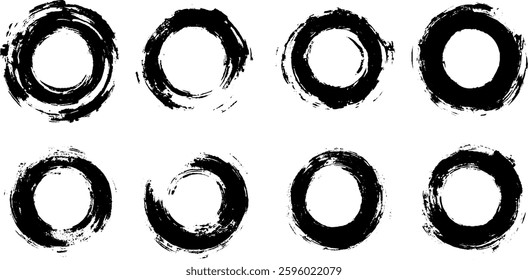 A collection of ten circular brush stroke designs in black and white, varying in thickness and style. Suitable for artistic or graphic design purposes.