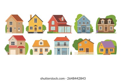 Uma coleção de dez casas coloridas, de design plano com estilos arquitetônicos variados, situado contra um fundo branco limpo com acentos de folhagem verde.
