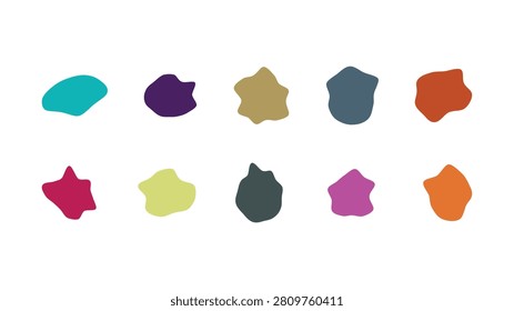 A collection of ten colorful, irregularly shaped blobs in different hues and textures on a white background