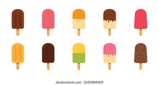 Uma coleção de dez picolés coloridos e sorvetes em estilo plano. Perfeito para designs com temas de verão, menus de sobremesa, embalagens, anúncios de alimentos e ilustrações sazonais divertidas.