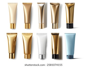 A collection of ten cosmetic cream tubes lies neatly in a row, featuring various finishes like matte and shiny surfaces, presenting a mix of neutral and vibrant colors under soft lighting.