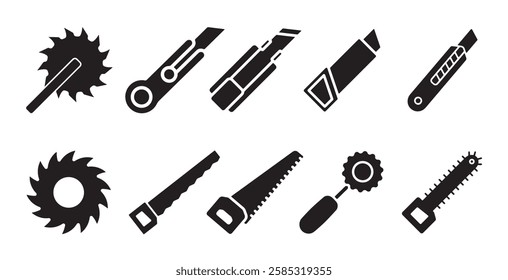 Collection of Ten Cutting Tool Icons in Silhouette Style, Featuring Circular Saws, Utility Knives, and Hand Saws for Construction, DIY, and Workshop Use, Isolated on a White Background