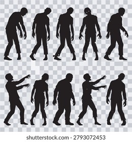 A collection of ten detailed black vector silhouettes showing various walking zombie figures isolated on a transparent grid background design