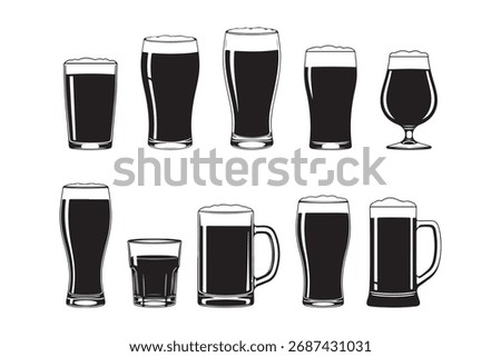  a collection of ten different beer glasses filled with dark liquid and topped with foam. The glasses vary in shape and size, showcasing a diverse range of beer vessel styles.