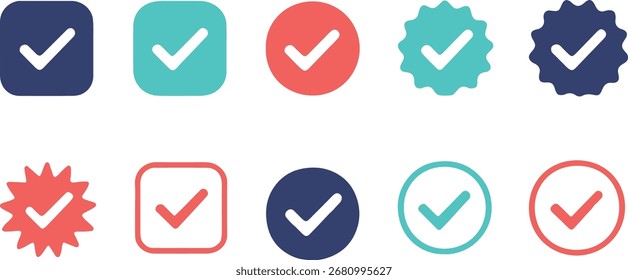 Colección de diez diferentes iconos de marca de verificación en varias Formas y colores tick aceptar