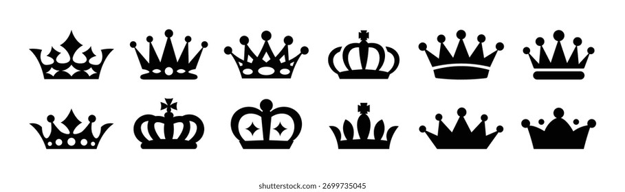 Collection of ten different crown designs in black silhouette isolated on white background, showcasing various styles and shapes for royalty and design projects