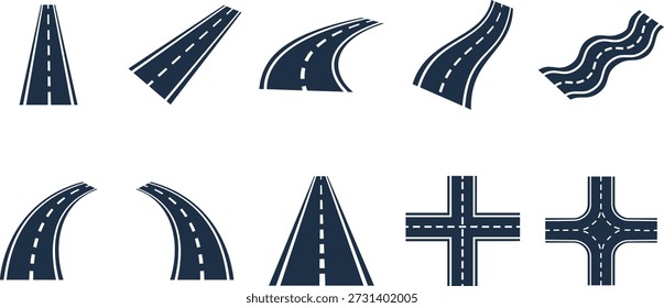 Una colección de diez diferentes iconos de segmento de carretera azul oscuro que se muestran sobre un fondo blanco, con varias Formas como carreteras rectas, curvas, caminos sinuosos