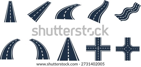 A collection of ten different dark blue road segment icons displayed against a white background, featuring various shapes like straight roads, curves, winding paths