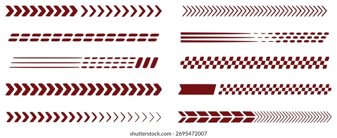 Una colección de diez diferentes bordes decorativos y patrones en un color rojo oscuro, sobre un fondo blanco limpio.