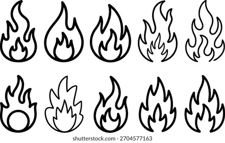 Collection of ten different fire flames in outline black style