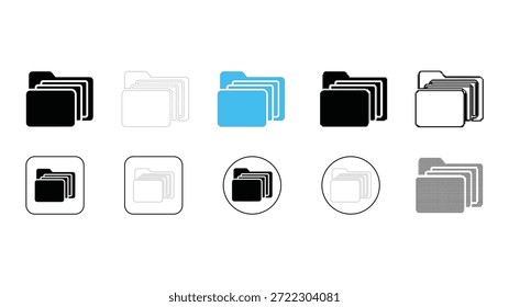 Uma coleção de dez ícones de pasta diferentes exibidos em uma grade, exibindo vários estilos de design, incluindo preto sólido, contornos brancos, preenchimento azul e ícones entre quadrados ou círculos. Representa
