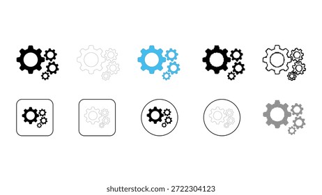 Uma coleção de dez diferentes desenhos de ícone de engrenagem apresentando variações de estilo, incluindo preto sólido, contorno claro, preenchimento azul e diferentes formas de contêiner, como círculos e quadrados, representando conjunto