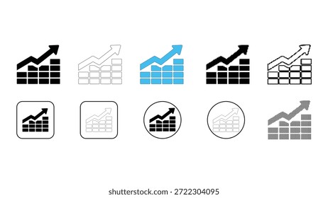 Una colección de diez estilos gráficos diferentes para un ícono de gráfico de barras que muestra una tendencia ascendente con una flecha, que simboliza el crecimiento del negocio, el éxito financiero, el análisis de datos y las estadísticas positivas. Estilos