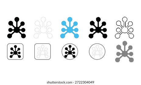 Uma coleção de dez diferentes desenhos de ícones com base em uma estrela central ou estrutura molecular. Os ícones são apresentados em preto, branco, azul, preenchimento sólido e formatos de contorno, alguns incluídos em quadrado ou ci