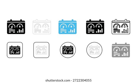 Uma coleção de dez diferentes designs de ícones representando um nível de carga da bateria do carro ou medidor de desempenho. Os ícones são apresentados em vários estilos, incluindo preto sólido, contornado, azul colorido e di