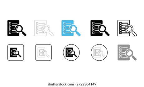 Una colección de diez diseños de íconos diferentes que representan el concepto de buscar o revisar un documento o lista. Incluye varios estilos como rellenado, contorno y versiones de color para un uso versátil i