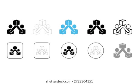Uma coleção de dez diferentes desenhos de ícones que ilustram o conceito de pessoas trabalhando juntas em torno de um elemento central, mostrados em vários estilos, incluindo preto sólido, azul, contorno e dentro de formas