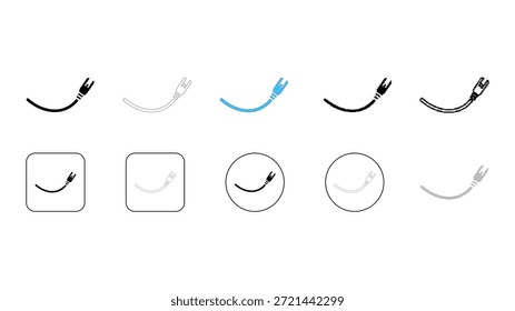 Una colección de diez representaciones de íconos diferentes de un enchufe o conector eléctrico, mostrados en varios estilos como negro sólido, gris claro, color azul, contorno y dentro de Formas como cuadrados