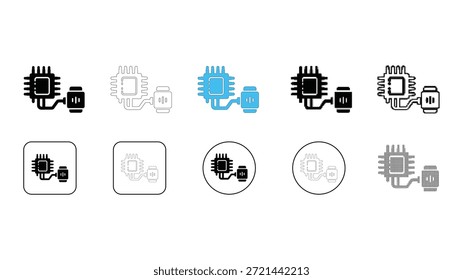 Una colección de diez estilos de íconos diferentes que representan un microprocesador conectado a un reloj inteligente, mostrando varios formatos de diseño como versiones sólidas, delineadas, coloreadas y enmarcadas para tecnología y computación