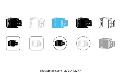 Una colección de diez estilos de íconos diferentes que representan un adaptador de red USB tipo C a Ethernet. Los estilos incluyen negro sólido, contorno, relleno de color y varias Formas como cuadrados y circunferencias, todo isola
