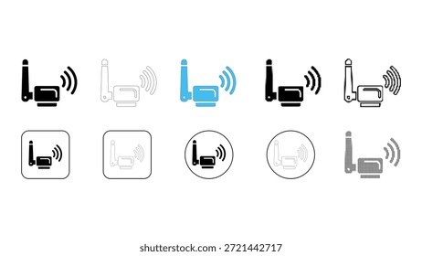 Uma coleção de dez estilos de ícone diferentes para um roteador Wi-Fi, incluindo preenchido, contornado                      coloridas e circulares, todas exibidas em um fundo branco para facilitar a integração.