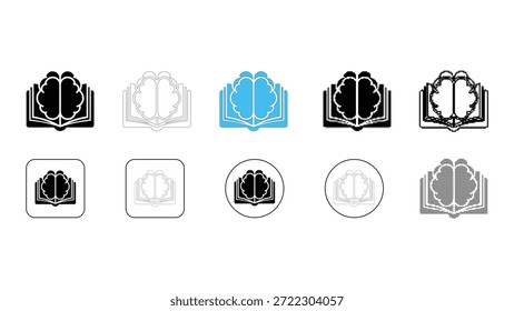 Colección de diez estilos de íconos diferentes que representan la combinación de un cerebro humano dentro de un libro abierto, simbolizando conceptos como adquisición de conocimiento, desarrollo intelectual, educación y engranaje