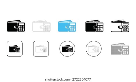 Uma coleção de dez estilos de ícone diferentes que representam uma carteira combinada com uma calculadora, apresentando preto sólido, contorno, cor azul e várias formas de contêiner como quadrado e círculo. Ideal para f