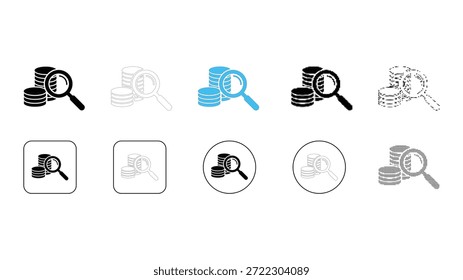 Una colección de diez estilos de íconos diferentes que muestran una lupa que se cierne sobre una pila de monedas, simbolizando la búsqueda financiera, la auditoría o el análisis de inversiones. Los estilos incluyen negro sólido, color azul