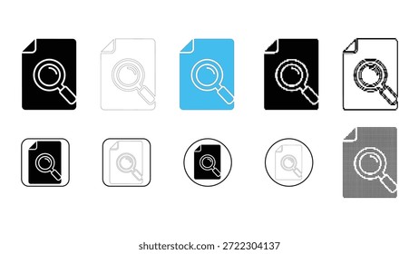 Una colección de diez estilos de íconos diferentes que representan un documento con lupa, simbolizando la búsqueda, la inspección o el análisis de datos. Los estilos incluyen negro sólido, contorno, relleno azul y varios