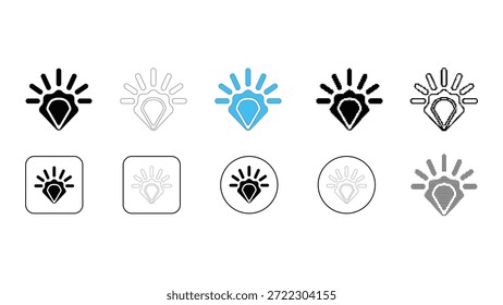 Colección de diez estilos de íconos diferentes que representan un diamante brillante o una piedra preciosa. Incluye negro sólido, contorno, color azul y variaciones dentro de contenedores cuadrados y circulares, adecuados para la calidad