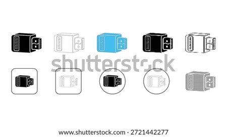 A collection of ten different icon styles representing a USB Type-C to Ethernet network adapter. Styles include solid black, outline, color fill, and various shapes like squares and circles, all isola