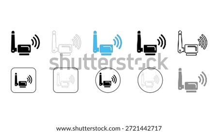 A collection of ten different icon styles for a Wi-Fi router, including filled, outlined                      colored, and circular squared badge versions, all displayed against a white background for easy integration.