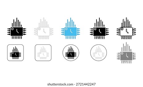 Colección de diez variaciones de íconos diferentes con una unidad de procesamiento central (CPU) integrada con una esfera de reloj o un indicador de tiempo, presentada en varios estilos visuales que incluyen relleno sólido, contorno,