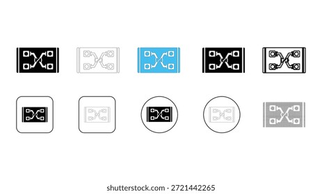Uma coleção de dez variações de ícone diferentes ilustrando um conceito de troca de dados ou reticulação, mostradas em diferentes estilos visuais, incluindo preenchido, contorno, colorido e dentro de várias formas