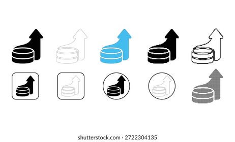 Una colección de diez variaciones de íconos diferentes que representan el crecimiento financiero, con monedas apiladas con una flecha apuntando hacia arriba, mostradas en múltiples estilos como negro sólido, relleno azul, contorno y